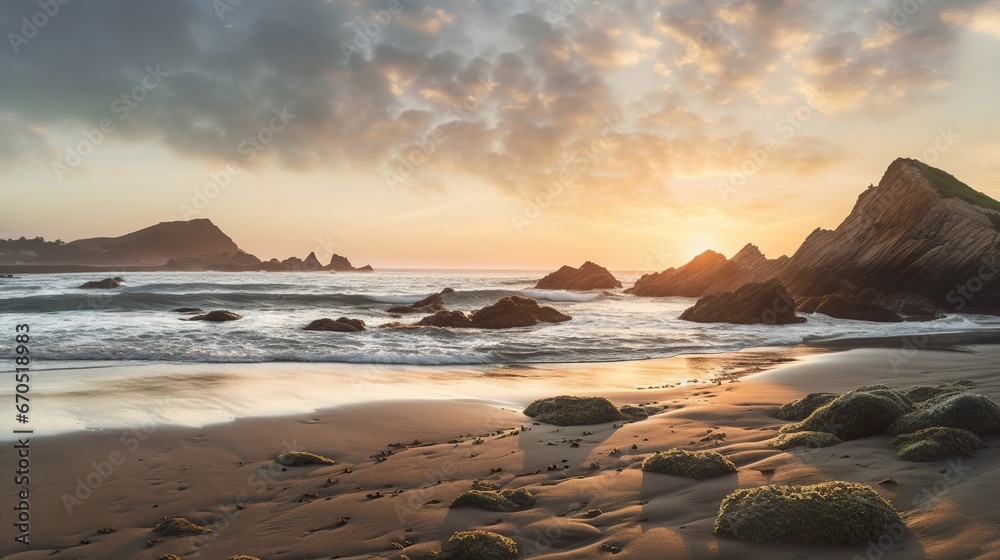 Obraz premium Seaside Serenity Relax and find peace on your journey. A picturesque view of the sea against a clear sky. Rocky mountains, Sea, Sunset over a calm sea landscape.