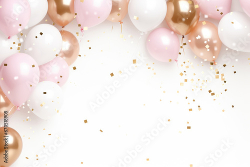 White gold and pink balloons on white background with confetti, party background