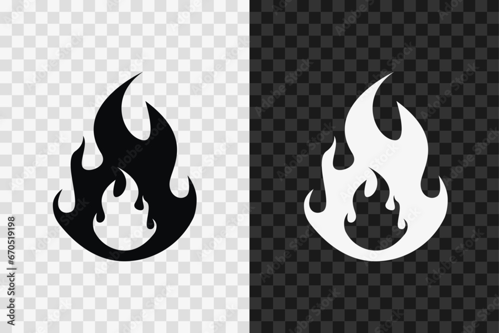 Fire silhouette icon, vector glyph sign. Fire symbol isolated on dark and light transparent backgrounds.