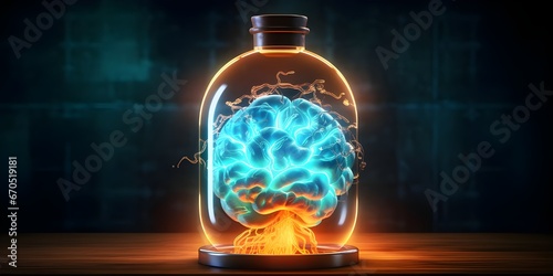 Blue-Lit Brain in Clear Glass Jar with Black Lid, Surrounded by Soft Orange Glow photo