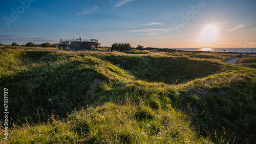 View of Pointe du Hoc in French Normandy at sunset.