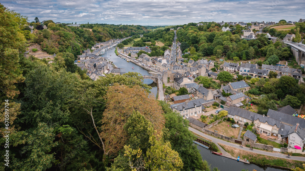 A view of the river in the picturesque historic town of Dinan in French Brittany. 