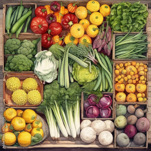 Wallpaper Mural Overhead View of a Farmer's Market Stall Displaying a Bounty of Fresh Produce Generative AI Torontodigital.ca