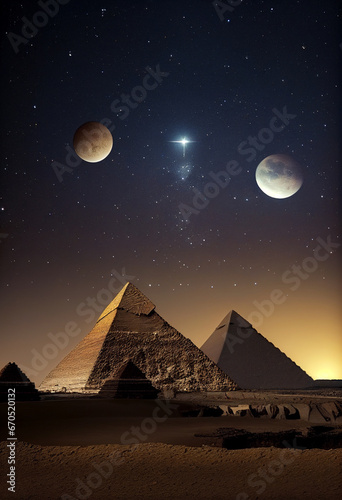 Planets of the solar system over the pyramids of Giza. AI Generated