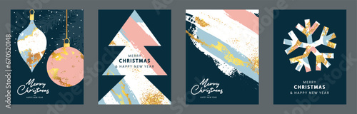 Merry Christmas and Happy New Year Set of greeting cards, posters, holiday covers. Modern design with Christmas decorative elements.Snowflakes, Christmas tree, Christmas ball with abstract pattern and