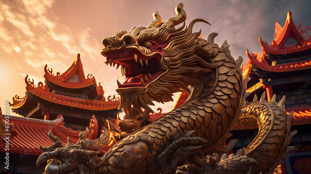 Fototapeta premium Majestic Golden Chinese Dragon Statue in Front of a Temple Background. Celebrating Chinese New Year.