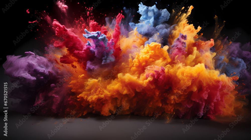 Color aerosol  with cloud of colored powders stock photo, in the style of light orange and teal, video glitches, high quality photo, colorful explosion.