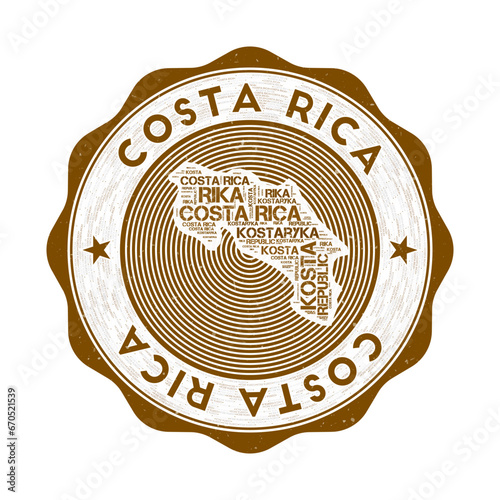 Costa Rica seal. Country round logo with shape of Costa Rica and country name in multiple languages wordcloud. Awesome emblem. Charming vector illustration.