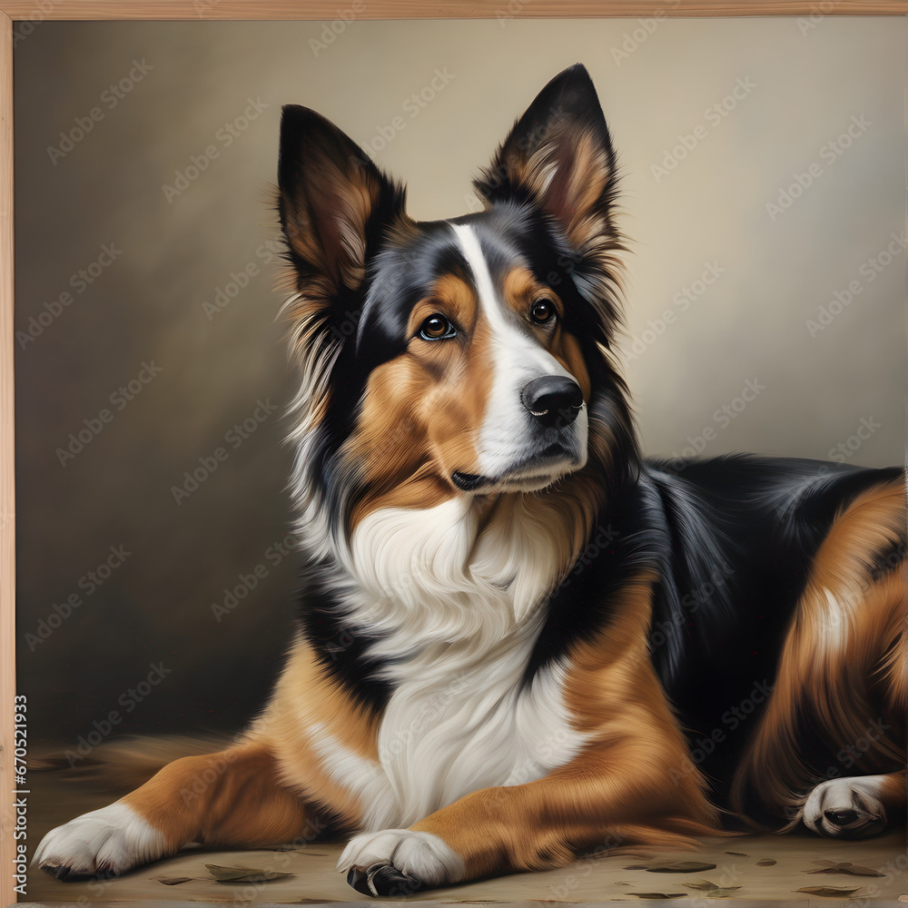 portrait of beautiful orange, white and black collie dog laying down portrait of beautiful orange, white and black collie dog laying down