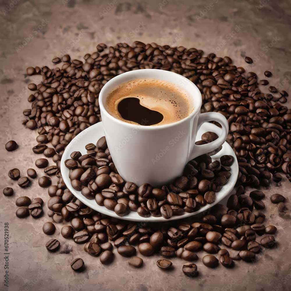 A hot cup of coffee with coffee beans scattered around it. A hot cup of coffee with coffee beans scattered around it.