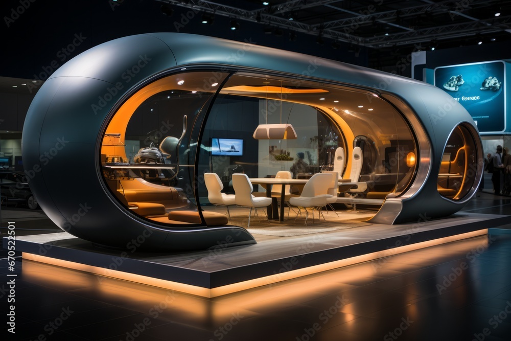 Tradeshow booth designed to resemble a futuristic spaceship, Generative AI