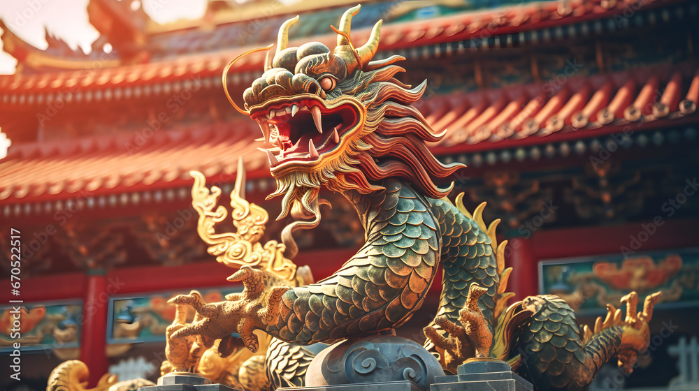 Obraz premium Majestic Golden Chinese Dragon Statue in Front of a Temple Background. Celebrating Chinese New Year.