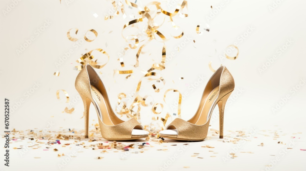 Womens Evening Shoes. Female gold glitter chunky high heel pumps and confetti. Shoes for wedding, Christmas, new year, evening, cocktail, night out. Golden stiletto heels. - obrazy, fototapety, plakaty 