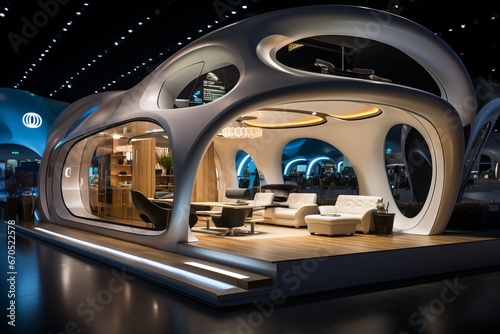 Tradeshow booth designed to resemble a futuristic spaceship, Generative AI