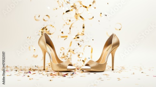 Womens Evening Shoes. Female gold glitter chunky high heel pumps and confetti. Shoes for wedding, Christmas, new year, evening, cocktail, night out. Golden stiletto heels.