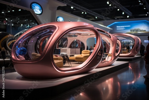 Tradeshow booth designed to resemble a futuristic spaceship  Generative AI