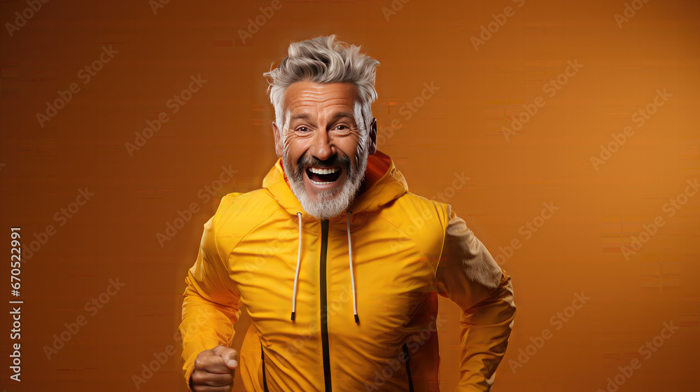 Happy elderly man jogging. isolated on yellow background