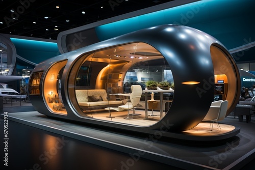 Tradeshow booth designed to resemble a futuristic spaceship, Generative AI © Shooting Star Std