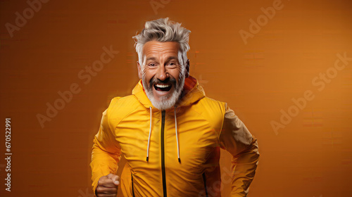 Happy elderly man jogging. isolated on yellow background ©  Mohammad Xte