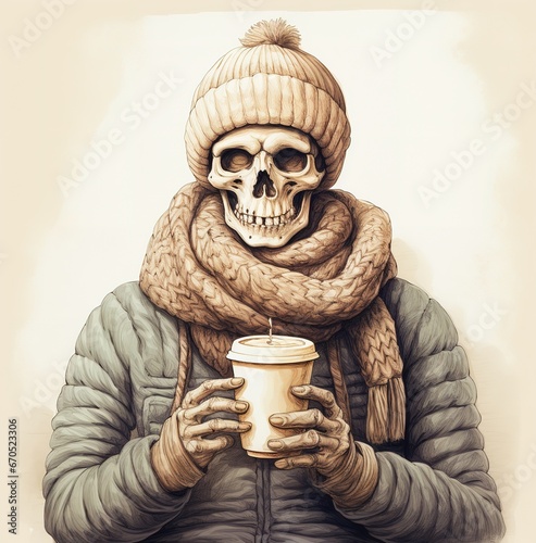 A human skeleton drinks a cup of coffee. photo