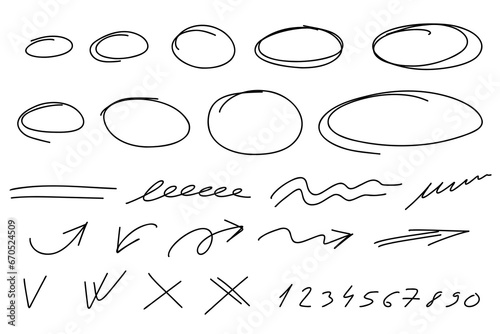 Highlighter ovals set. Marker numbers, lines, arrows, check, circle, yes, isolated on white background. Marker pen highlight underline strokes. Vector hand drawn graphic doodle element.