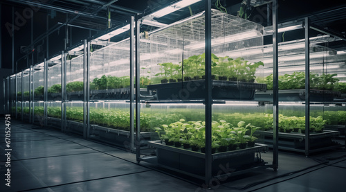  Agriculture meets futuristic design in this sleek vertical farming setup. Generative AI.
