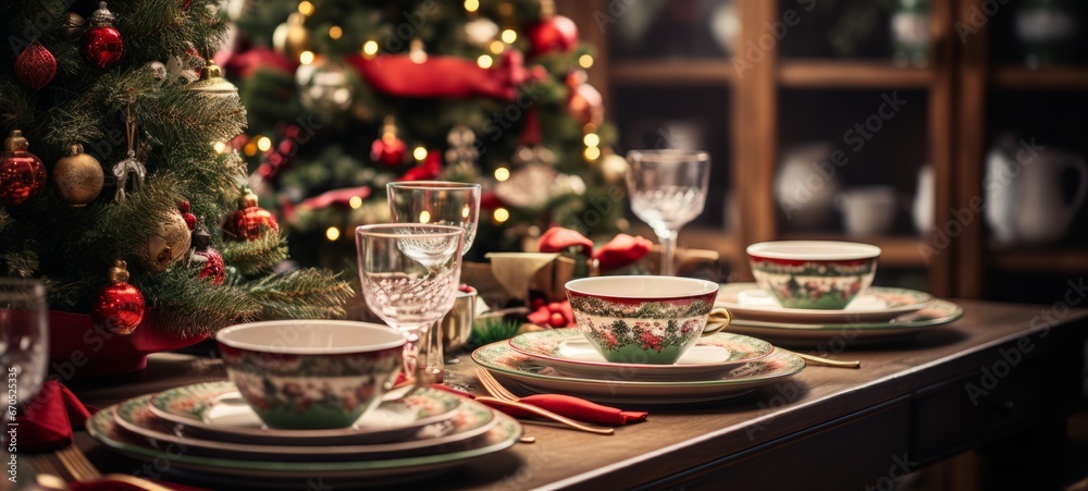 Christmas table setting home kitchen green and red decor on the blurred lights background of a Christmas tree. Christmas tableware. Horizontal banking background for web. Photo AI Generated