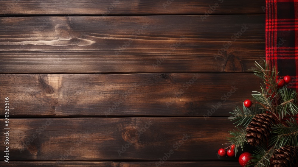 Christmas tableware with pine branches, pines with red checkered tablecloth, top view, wooden background. Christmas table setting. Horizontal banking background for web. Photo AI Generated Christmas tableware with pine branches, pines with red checkered tablecloth, top view, wooden background. Christmas table setting. Horizontal banking background for web. Photo AI Generated