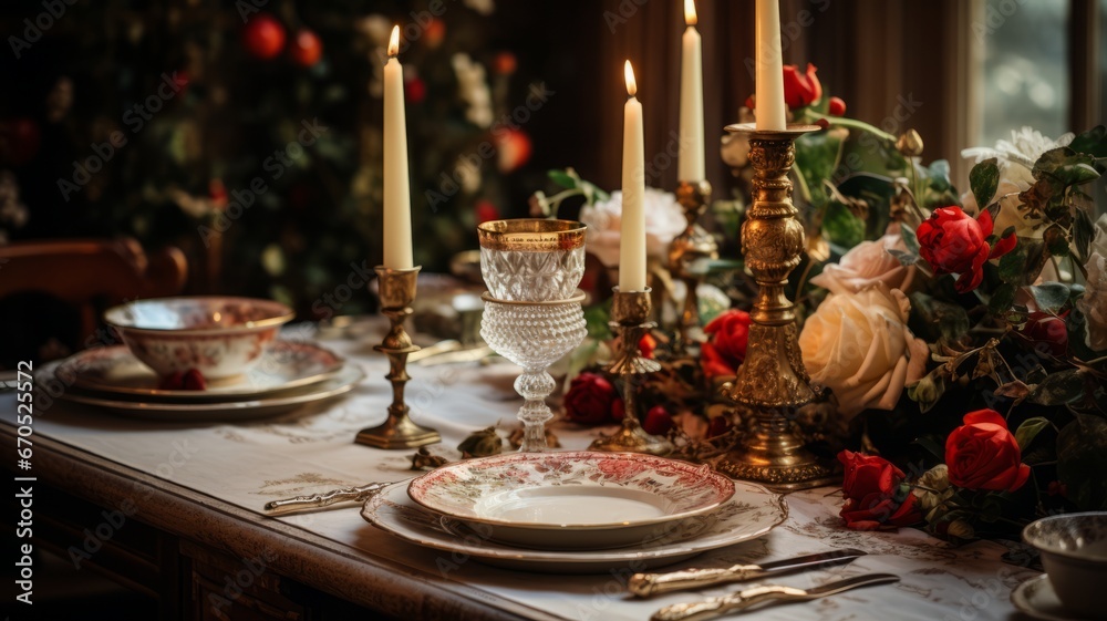 Christmas table setting close-up view of vintage tableware with flowers on table with golden candles and flowers. Christmas tableware. Horizontal banking background for web. Photo AI Generated