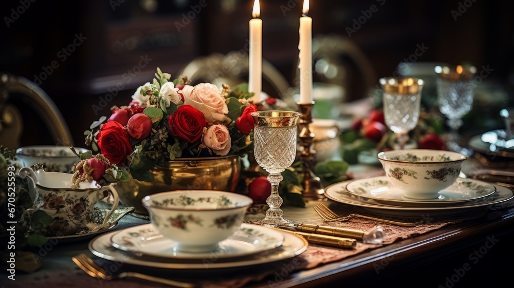 Christmas table setting close-up view of vintage golden tableware with candles and roses. Christmas tableware. Horizontal banking background for web. Photo AI Generated