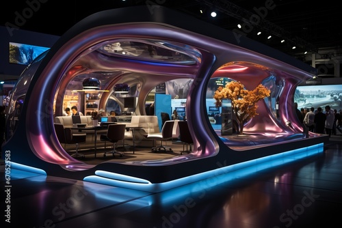 Tradeshow booth with a futuristic theme and holographic elements, Generative AI