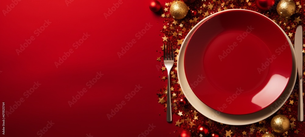 Christmas table setting. Tableware mockup with golden Christmas balls decor on a red background, top view photo. Horizontal banking background for web. Photo AI Generated