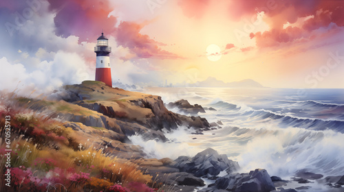 Lighthouse Clif Watercolor Art Print | Nature Poster | Nature Waves Wall Art | Art Decor #670525713