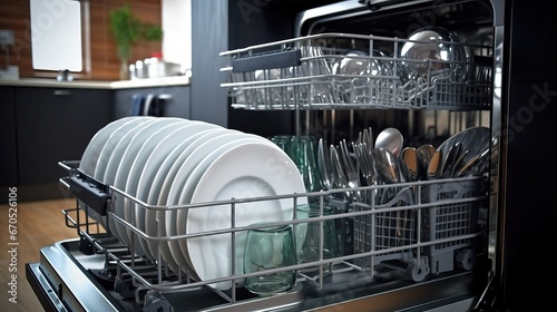 Metal basket with clean dishes, plates, and glasses pulled out from the dishwasher. Close-up.