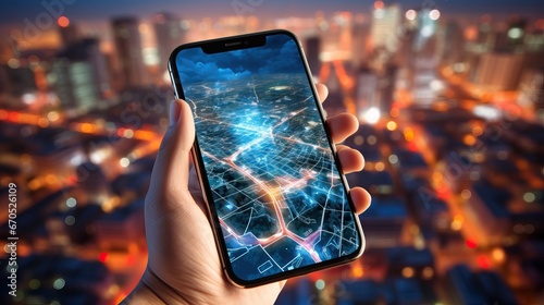 Smartphone with a city navigation map in a person’s hand against the background of a night city below. Concept of a satellite navigation system, geolocation photo