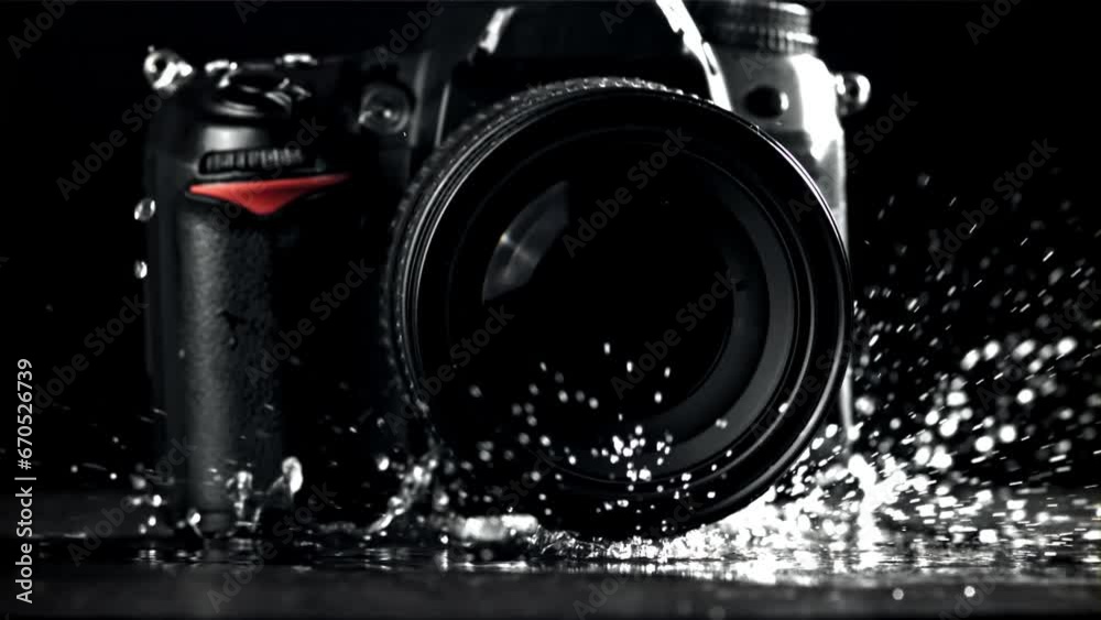 The camera falls with splashes on the wet table. Filmed on a high-speed camera at 1000 fps. High quality FullHD footage