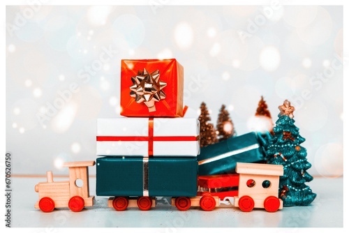 Wallpaper Mural toy train filled with Christmas gifts presents - New Year Merry Christmas greeting card celebration old vintage craft styling background Torontodigital.ca
