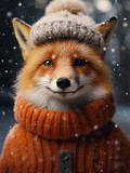 Fox in warm winter clothes and knitted hat.