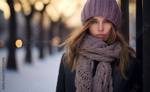 Urban Elegance: Woman in Scarf Concealing Her Face. Women in Winter in Purple Scarf Concealing Her Face.