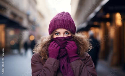 Urban Elegance: Woman in Scarf Concealing Her Face. Women in Winter in Purple Scarf Concealing Her Face.