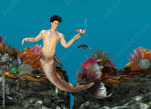 3D render: a fantasy merman creature character is swimming under the deep blue sea with clownfish photo