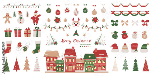 Big Christmas holiday sticker collection, set of design elements for cozy winter holidays, poster and banner designs, prints with Christmas symbols. Vector illustration.