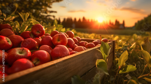 Red apples harvested in a wooden box in apple orchard with sunset. Natural organic fruit abundance. Agriculture, healthy and natural food concept.
