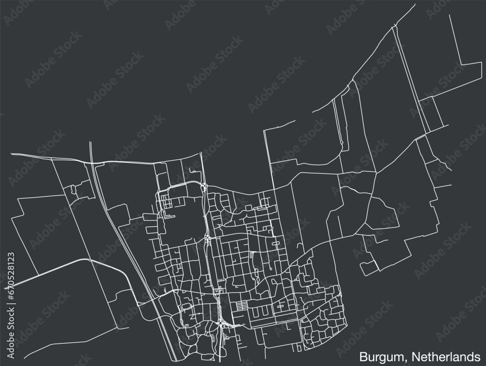 Detailed hand-drawn navigational urban street roads map of the Dutch city of BURGUM, NETHERLANDS with solid road lines and name tag on vintage background