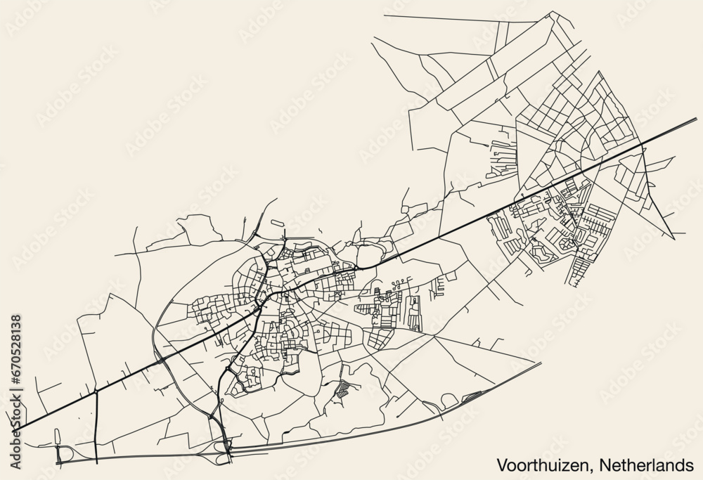 Detailed hand-drawn navigational urban street roads map of the Dutch city of VOORTHUIZEN, NETHERLANDS with solid road lines and name tag on vintage background