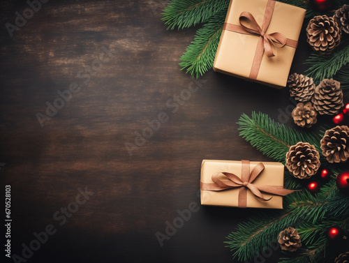 Christmas composition. Christmas fir tree branches, gifts, pine cones on wooden rustic background. Flat lay, top view. Copy space. Banner backdrop.