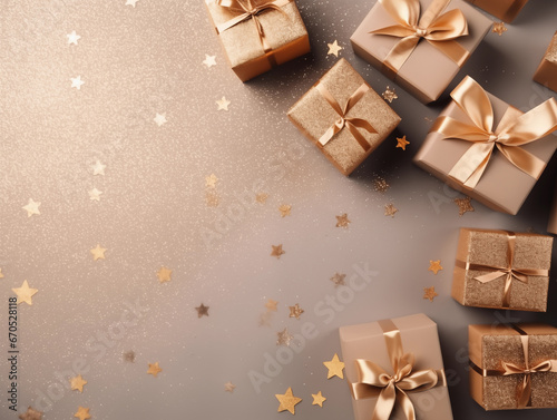 Christmas composition. Christmas gifts on beige background. Flat lay, top view. Copy space. Banner backdrop. © uv_group