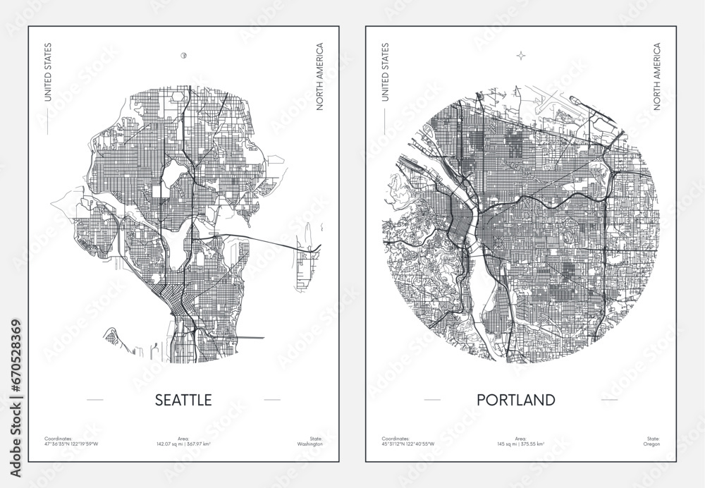 Fototapeta premium Travel poster, urban street plan city map Seattle and Portland, vector illustration