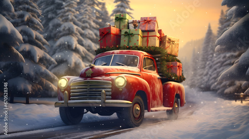 Christmas decorated car carrying gifts in a winter forest covered with snow in sunset backlight. © linda_vostrovska
