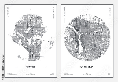 Travel poster, urban street plan city map Seattle and Portland, vector illustration